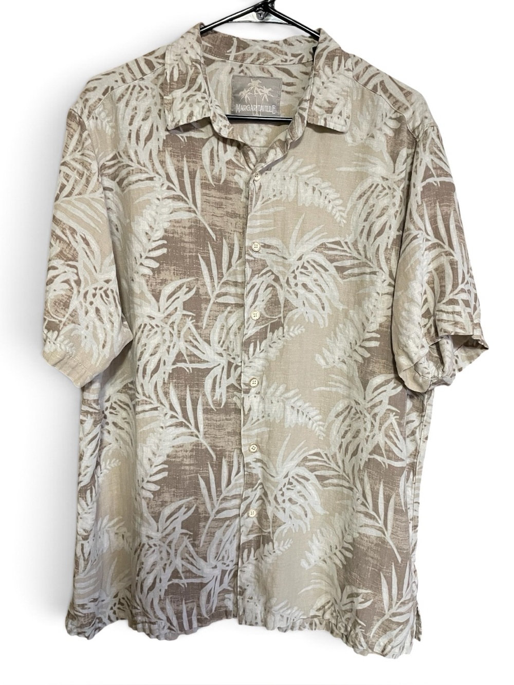 Margaritaville Beige and White Tropical Leaf Mens XL Short-Sleeve Button-Up